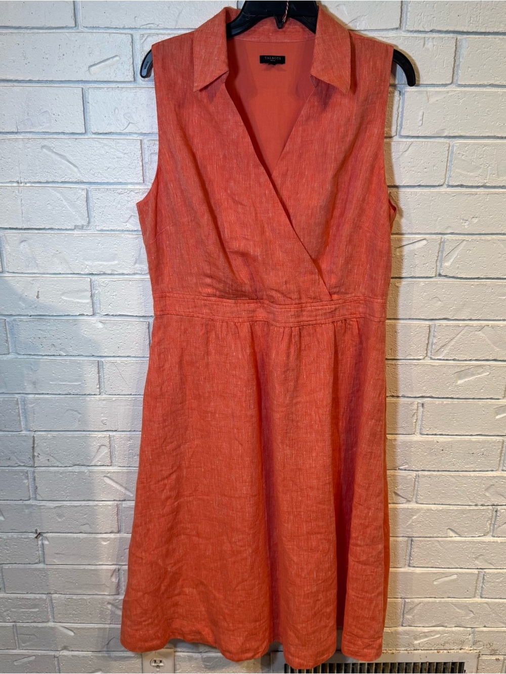 Talbots Faux Wrap 100% Linen Shirt Dress Coral Womens 14 petite